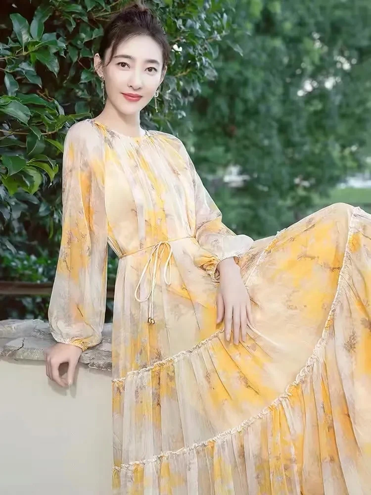 الغابات التنقل فانوس كم فستان زهري 2025 موضة سوبر الجنية الملابس النسائية عطلة نمط فستان طويل أنيق w1488 #2