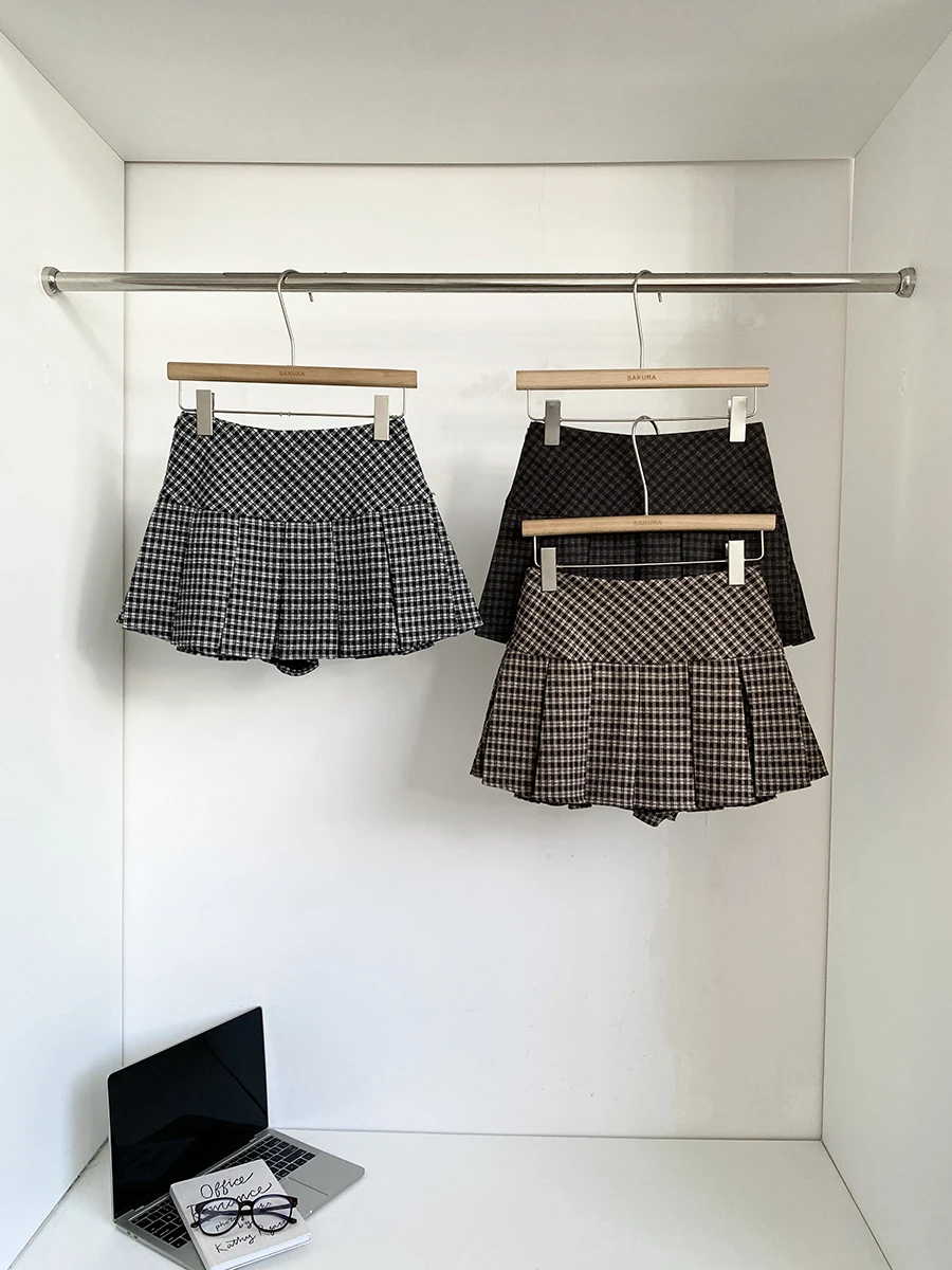 Korean Style Commuter Plaid Pleated Short Skirt Women's Autumn Winter High Waist Slim Fit Woolen  Skirt College Style