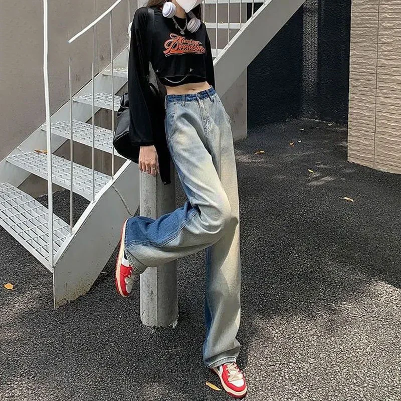 Women\'s Jeans Wide Leg Patchwork Pants Retro Oversized Harajuku Yk2 Streetwear Vintage Denim Pants Casual Loose Ladies Jeans