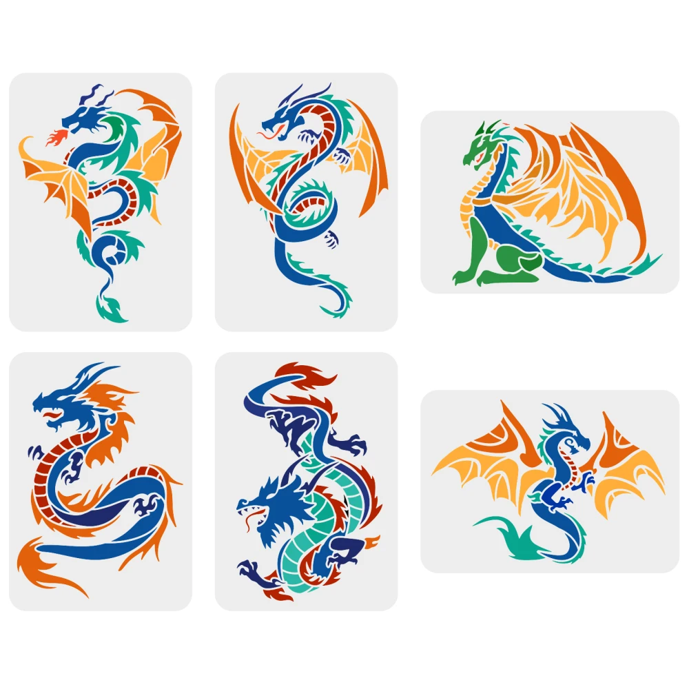 6Pc Dragon Stencil Drawing Stencils Reusable Flying Dragons Stencils Template Set for Painting on Wood Floor Wall DIY Home Decor