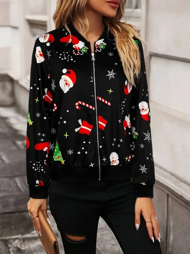 Imagen 2 del producto Linda chaqueta bomber con estampado navideño de presagio, patrones de Papá Noel y bastón de caramelo, abrigo de manga larga con cremallera, súper festivo para vacaciones