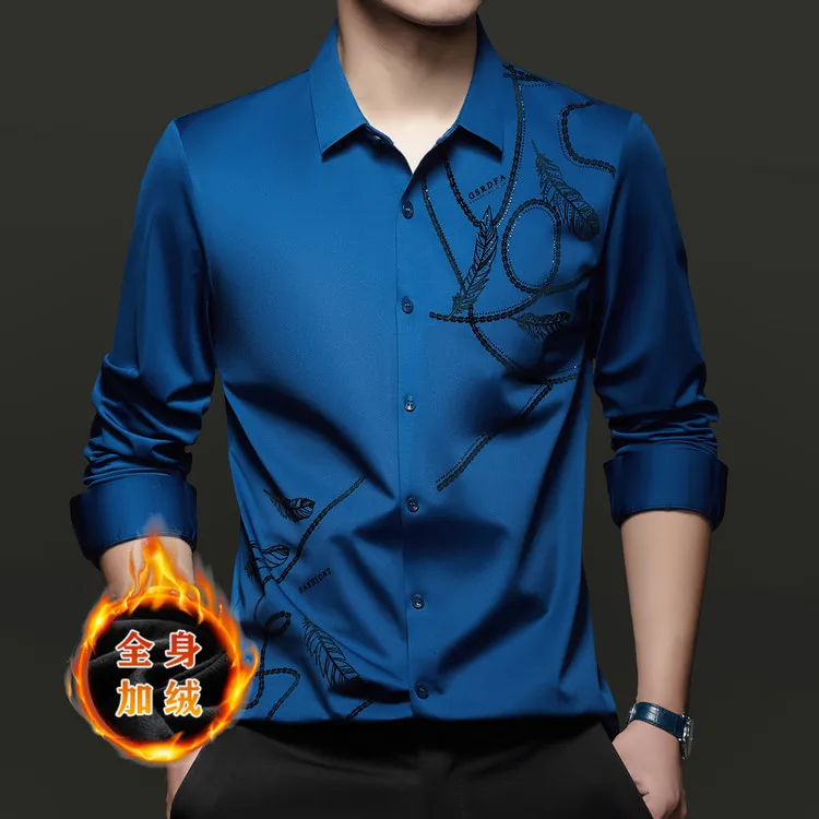 

Warm Fce Lined Thiened Men's Busin Casual irt Winter Stand Fit Long Sve Printed Feather Design Sl irt