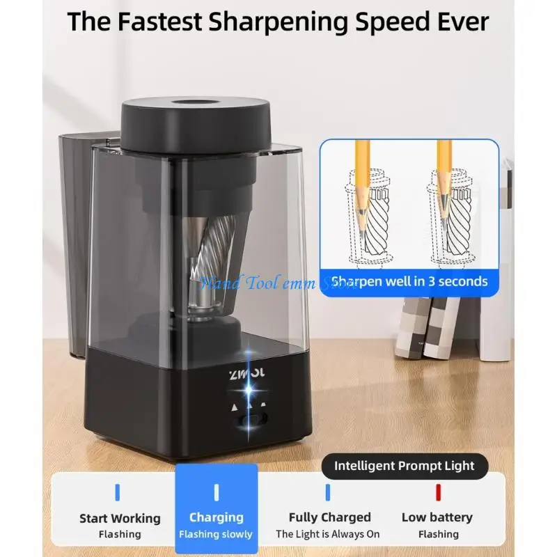 H37F Desktop Pencil Sharpener Rechargeable with 5 Point Control, LED Sharpening and Charging Fits Round Triangular and Hexagonal