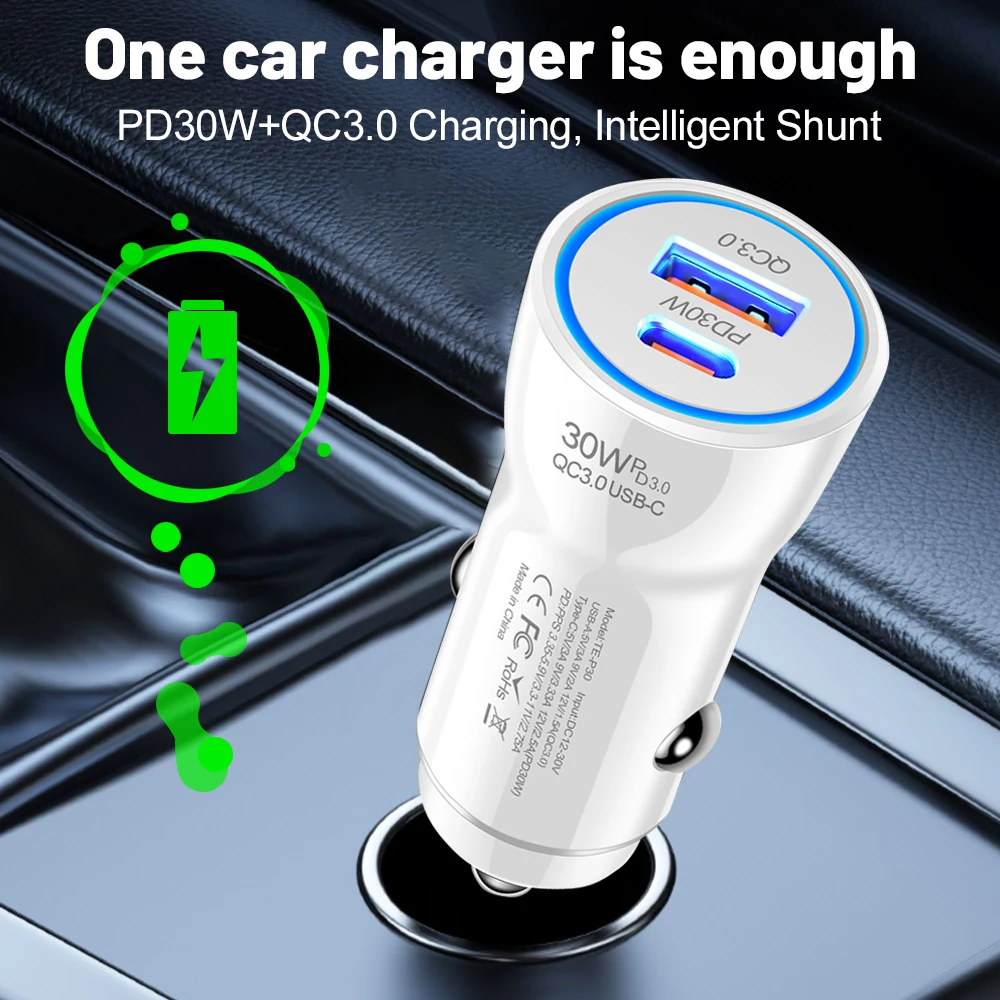 30W PD Car Charger QC3.0 USB Type C Fast Charging Car Phone Adapter for iPhone 14 13 Xiaomi Huawei Samsung S21 S22 Quick Charge