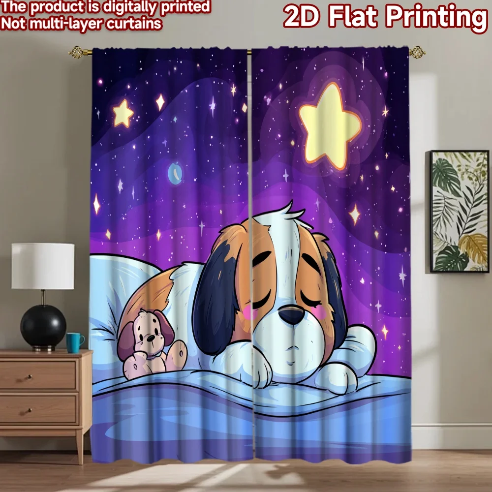 2D flat printing 2pcs Scene Curtains Cute sleeping dog sheep stars Digital Printed Polyester Drapes Festive Holiday for Drapes