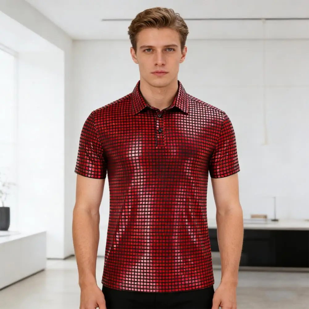 

Short Sleeve Men Shirt Men Party Shirt Men's Glittery Party Shirt Short Sleeve Sparkly Disco Top Turndown Collar for Stage