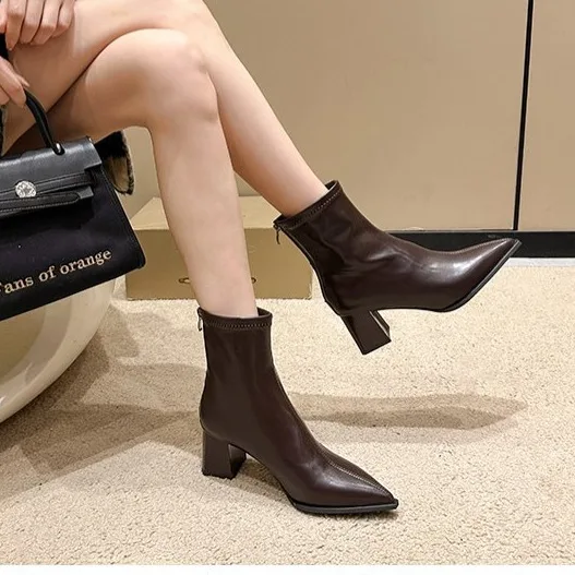 High Heel Ankle Boots 2024 Spring and Autumn Single Boot Patent Leather Thick Heel Pointed Zipper Elastic Skinny Boots