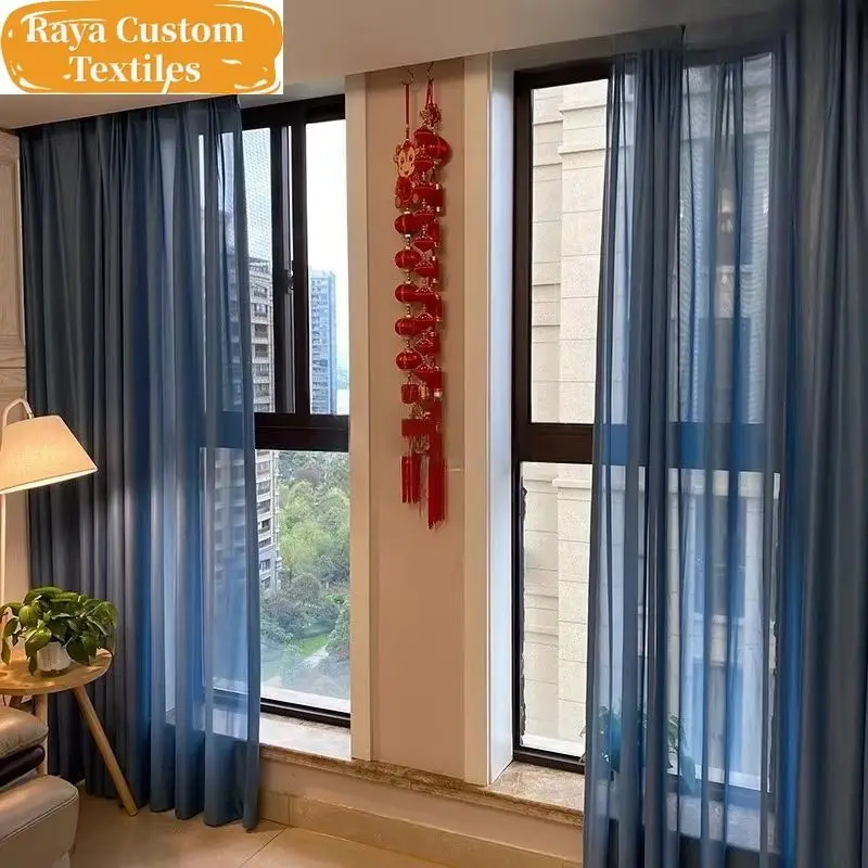 

Custom Size！！Dark Blue Tulle Chiffon Sheer High Quality Sunshade Curtains for Living Room Thick Yarn Voile Organza Drapes Decor