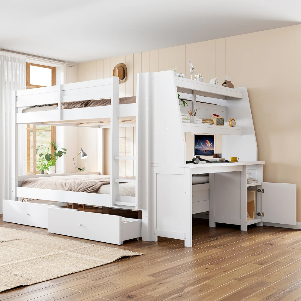 140 x 200 cm großes Etagenbett mit Schutzgitter, beweglichem integriertem Aufbewahrungsschrank (links und rechts montierbar), eingebautem Schreibtisch, Regal und Schubladen, multifunktionales