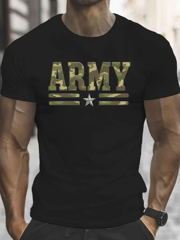 

Camouflage Letter Pattern 100% cotton Printed Round Neck Short Sleeved Men'S T-Shirt, Cool And Breathable T-Shirt for Summer.