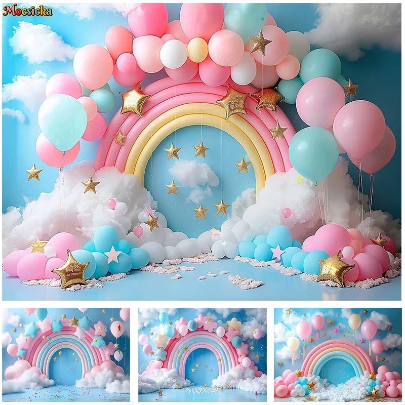 

Mocsicka Baby Show Photography Background Happy Birthday Party Rainbow Balloon Decor Backdrop Cake Smash Photo Banner Studio