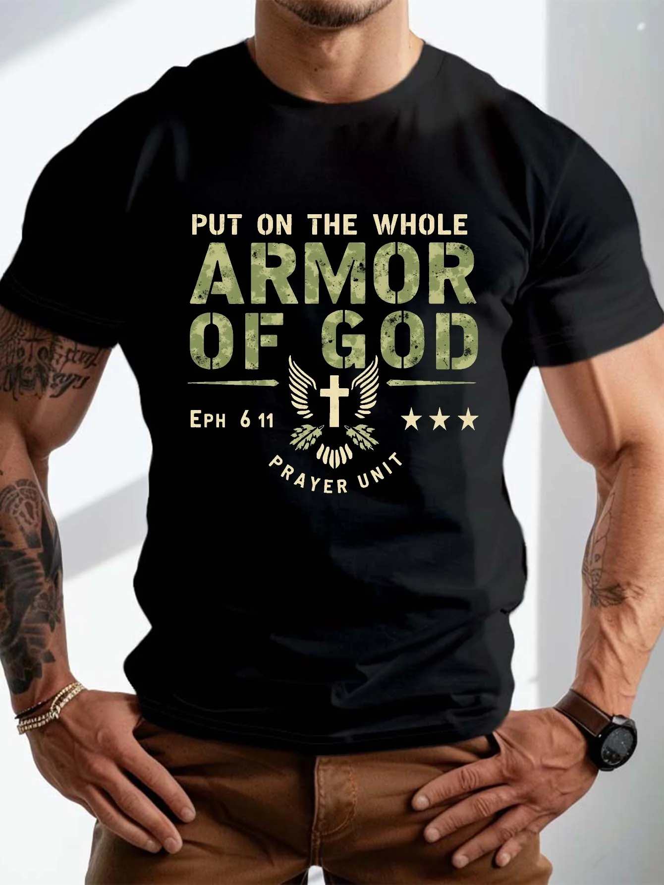 

Men's Plus T-Shirt - "Armor of the Full God" with Cross and Star Design, Summer Casual Black T-Shirt, Polyester Knitted