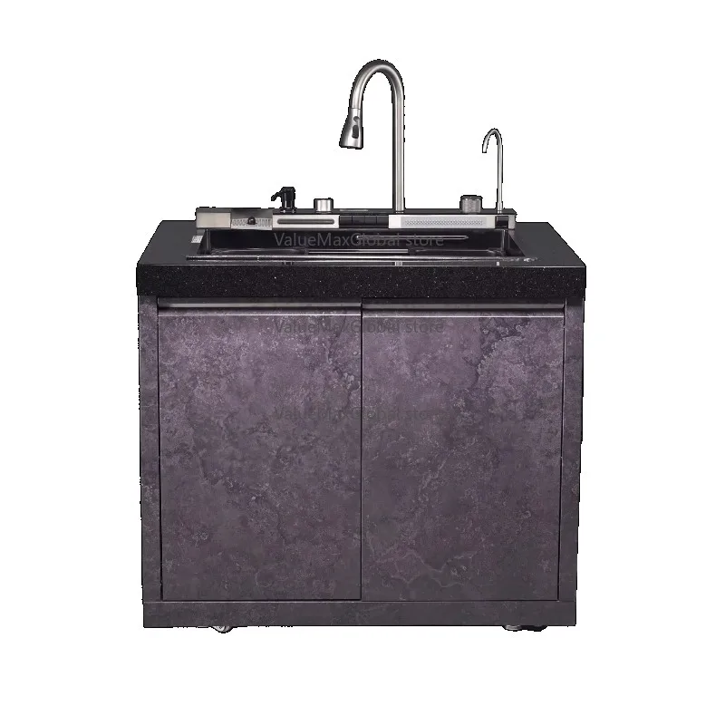Black Marble Double Bowl Outdoor Kitchen Faucet Custom Color Movable 4-Wheeled 304 Stainless Steel One Modern Design