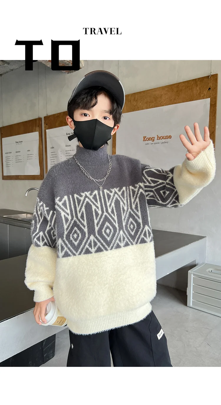 Frühlingsmode Jungen Nerzpullover für 5-14-Jährige Kinder Geometrische Strickwaren Eleganter Halbrollkragen Gestrickte Kleidung – Detail 2