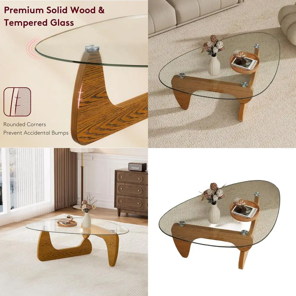 強化ガラス付きウォールナット三角コーヒーテーブル、42.5 x 28.5 x 16.1、小さなスペース向けのモダンなミニマリストデザイン