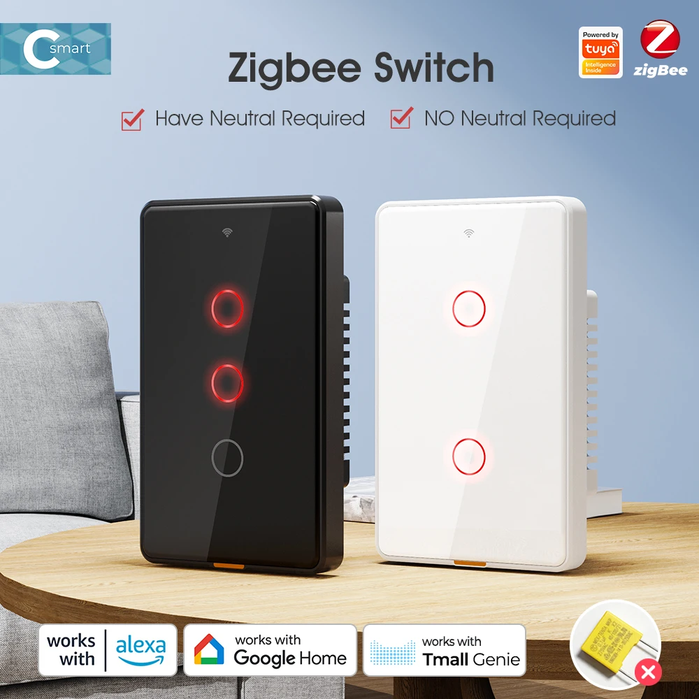 Tuya Zigbee Smart Light Touch Switch Tanpa Kabel Netral, Relay Magnetik Dinding, US 100-250v, Pengatur Waktu Suara, Aplikasi Tmall Genie, Alexa
