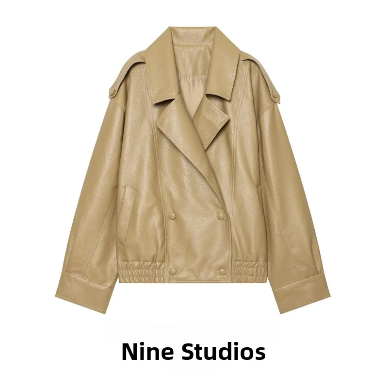 Loose Double-breasted Leather Effect Jacket Pilot Coat Women's Fashion Turn-down Collar Long Sleeve Short Length Button Detail