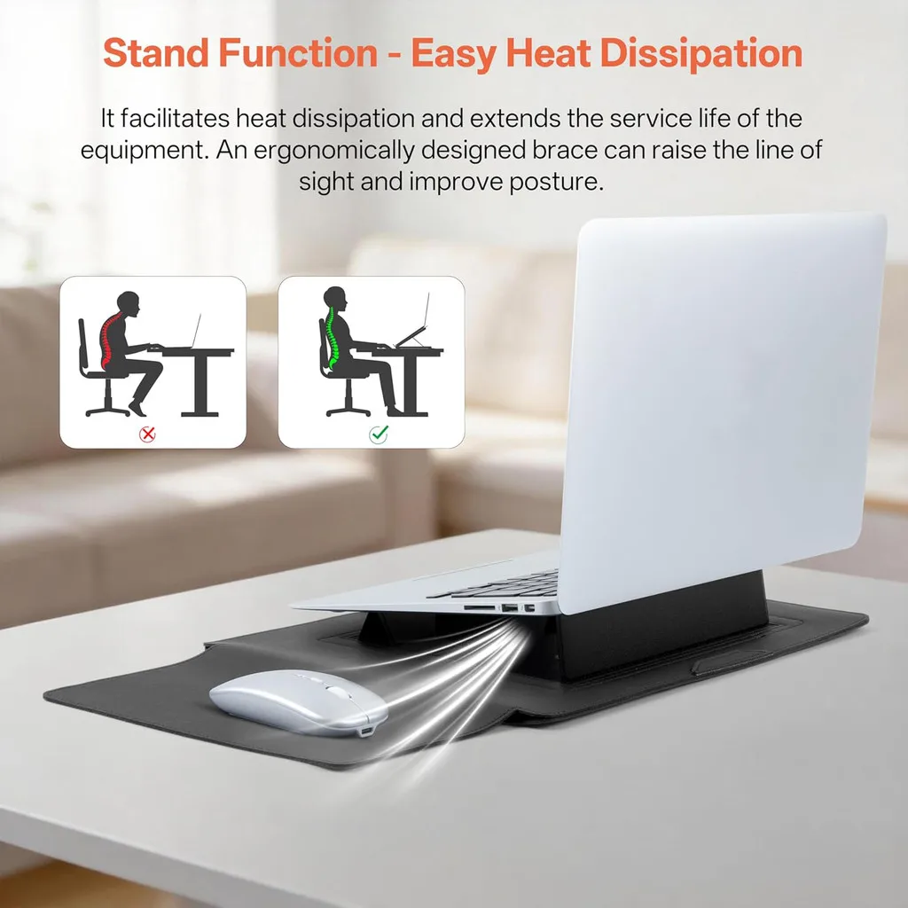PU Leather Laptop Sleeve Case with Stand for Laptop 13-14 15-16 inch Computer with Power Charger Cable Bag