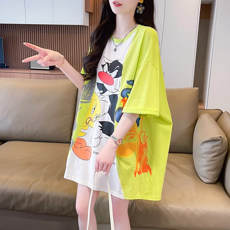 Cotton Mid-length Cute Cartoon Short Sleeve T-shirt Women's Summer 2024 New Design Sense Loose Plus Size Top