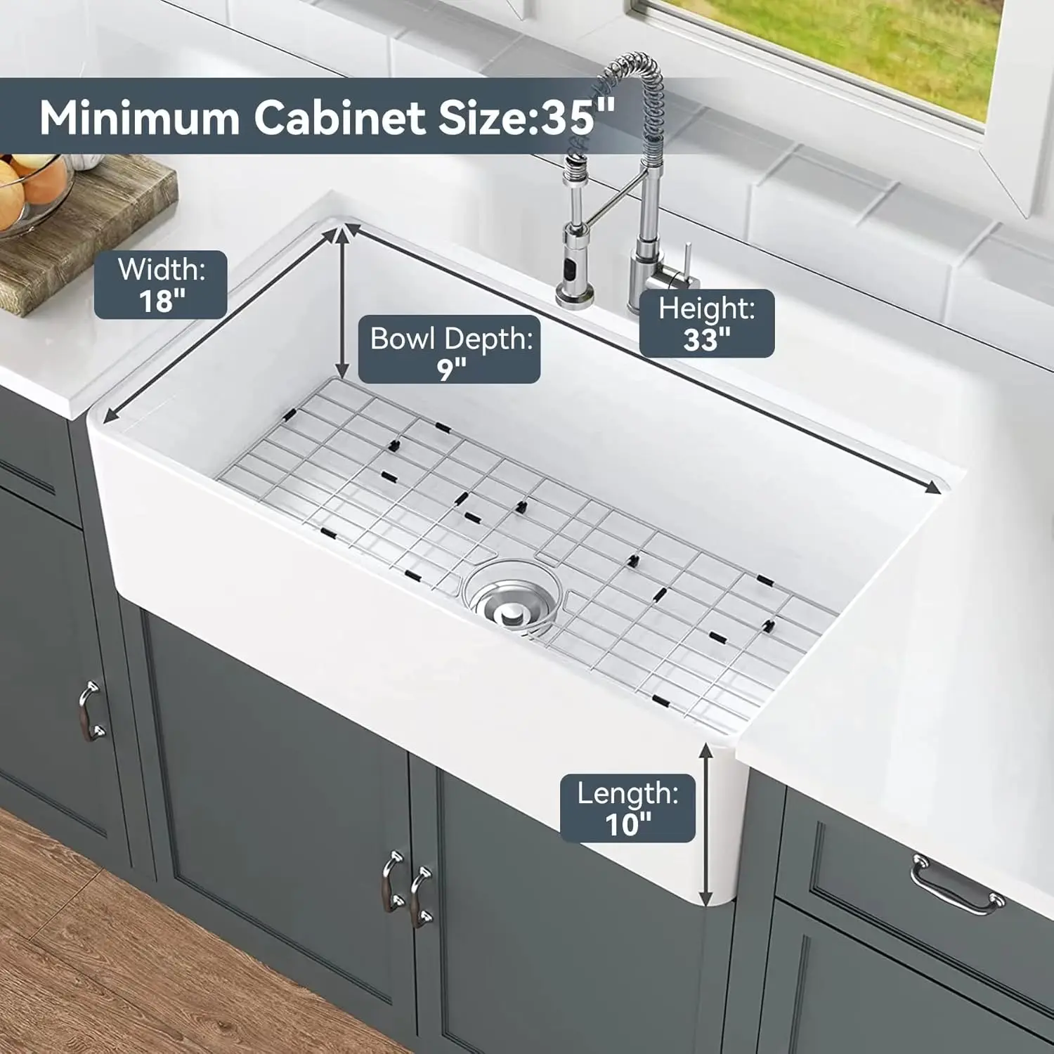 33 inch Single Bowl Kitchen Sinks Undermount, Apron Front Farmhouse Sink with Accessories Grid and Basket Strainer