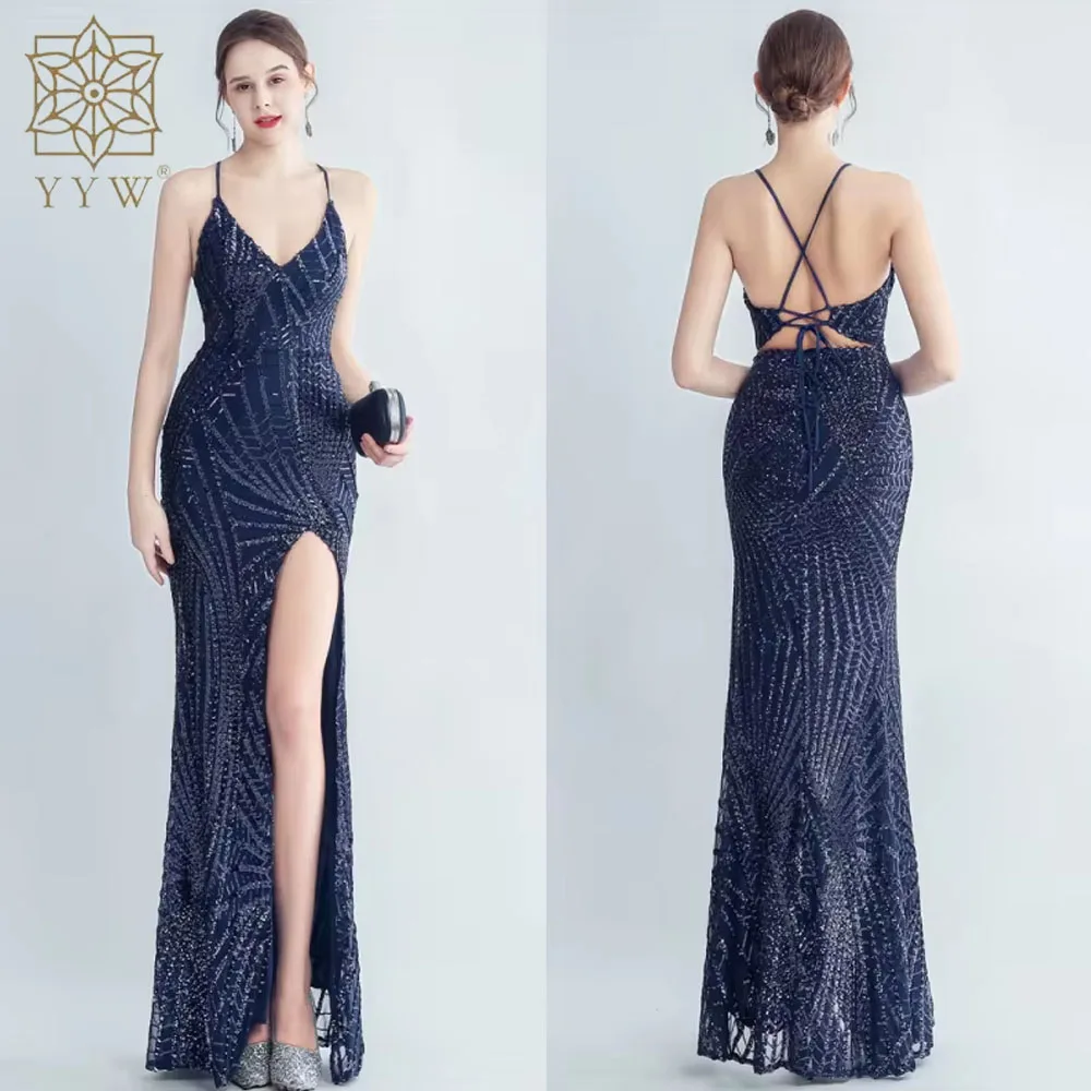 Backless Sexy Adjust Spaghetti Strap Women Mermaid Dress Evening Sequin Maxi Gala Gowns Celebration Formal Banquet Robe Wedding