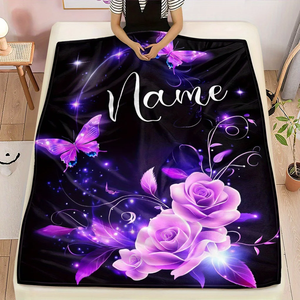 Benutzerdefinierte Name Dream Butterflies & Roses Leichte Flanelldecke – Weicher, warmer und langlebiger digital bedruckter Überwurf für Sofa, Bett