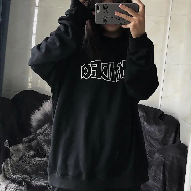 Lazy Style Print Letter Loose Hoodies Sweatshirts Spring Autumn Thin Solid Street Casual Pullovers Vintage Trend Women Clothing