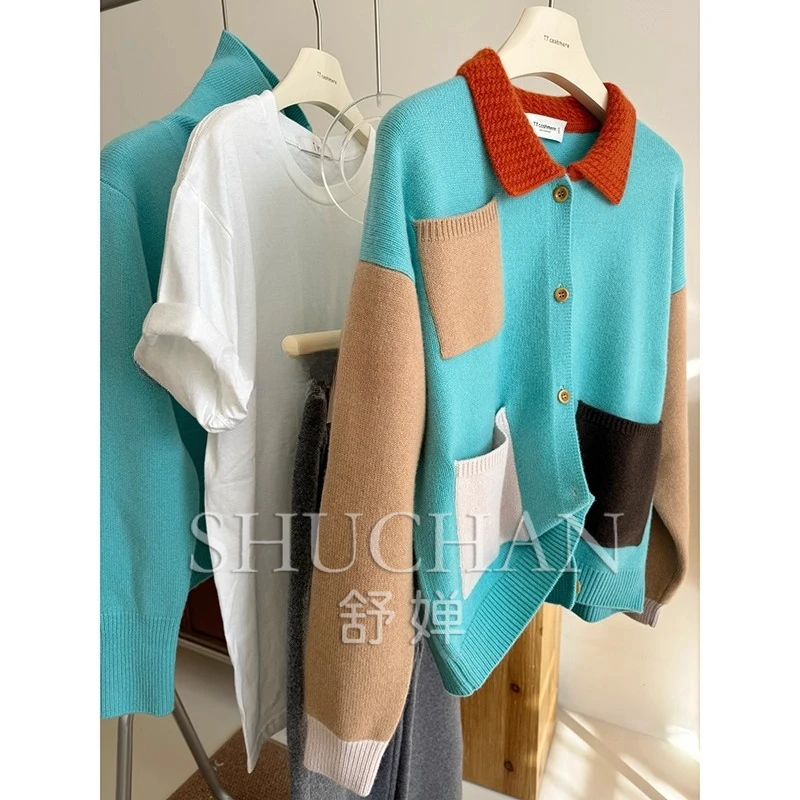 

Вязаный кардиган из чистого кашемира 100, контрастный карман с лацканами, свободный ленивый свитер, куртка