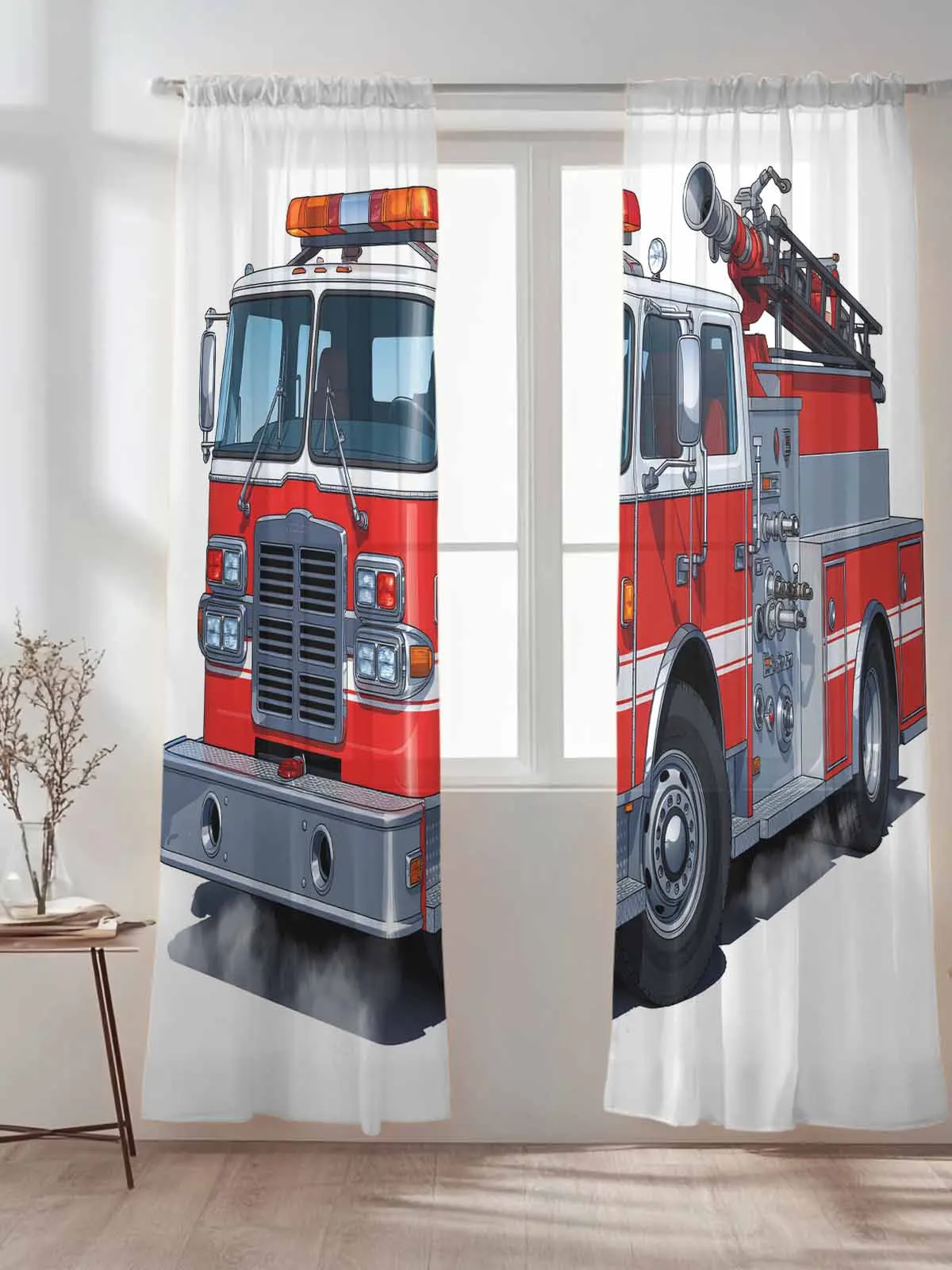 

Cartoons Vehicles Fire Trucks Tulle Sheer Curtains for Living Room Bedroom Kitchen Decoration Voile Organza Curtains