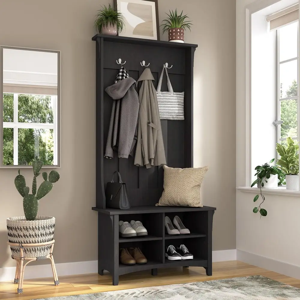 

Salinas Hall Tree with Shoe Storage Bench in Vintage Black, MultiPurpose Home Organizer, Entryway Solution with Seating and Hoo