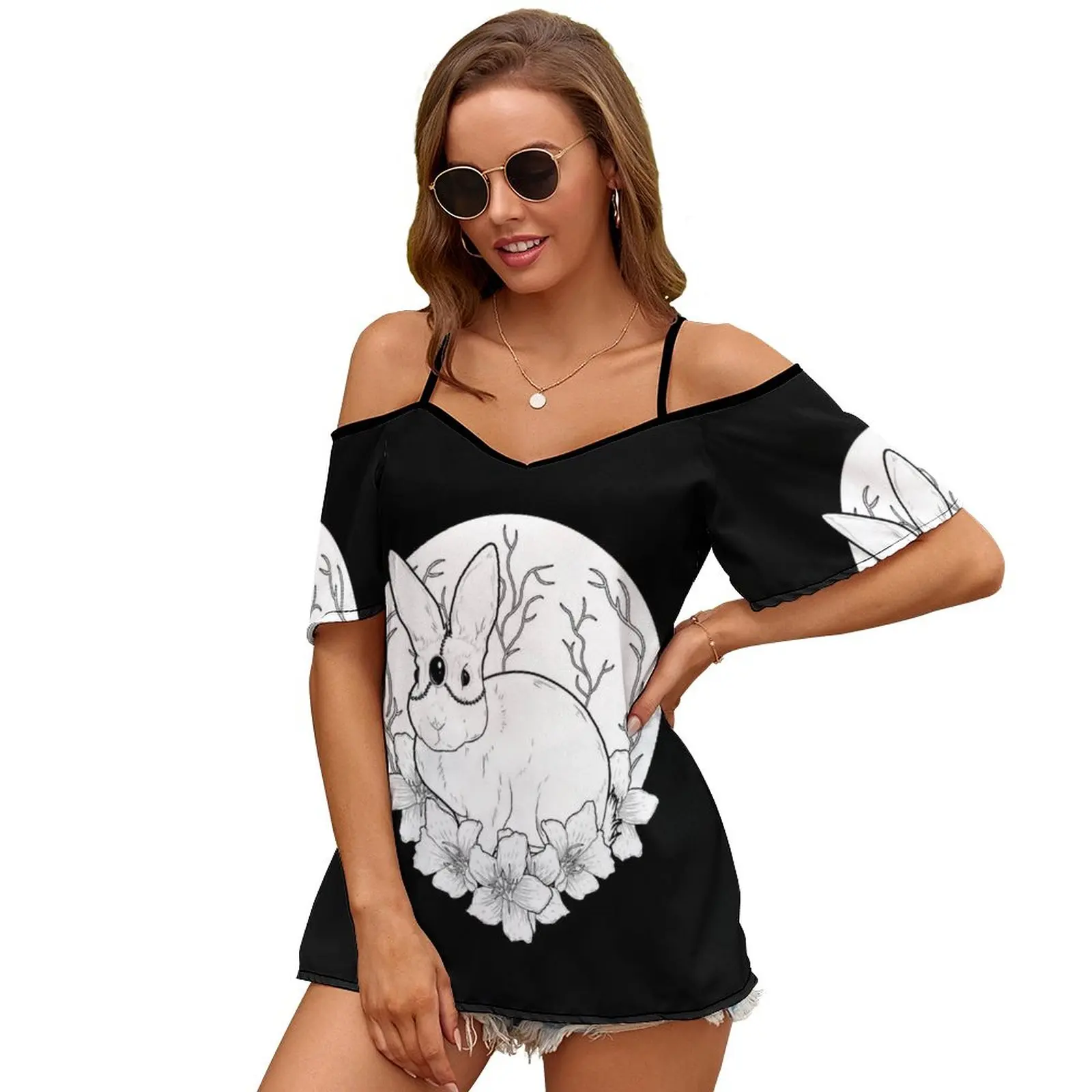 Moon Ritual Slit Sleeve Cold Shoulder Print Women T Shirt Casual Summer Tee Tshirt Loose Top Moon Jewel Rabbit Bunny Ritual