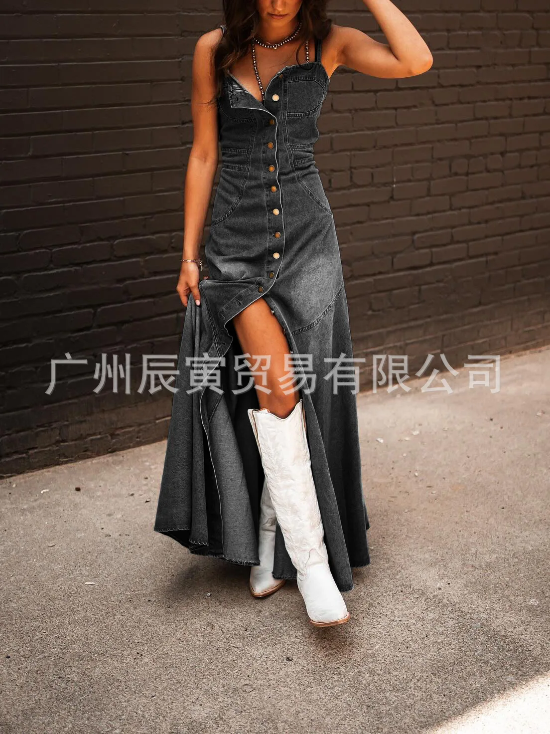 Europe and The United States Retro Wash Do Old Denim Halter Slim Single-breasted Big Swing Dress for Women\'s Summer Vestidos
