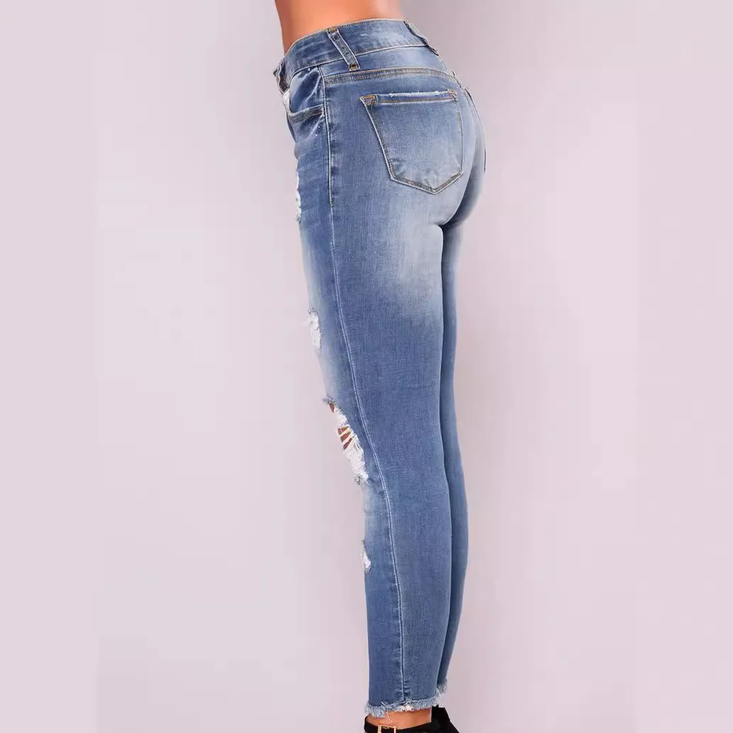 Ladies High Waist Skinny Jeans Casual Stretch Ripped Denim Pants Slim Distressed Denim Knee Holes Cropped Trousers Streetwear
