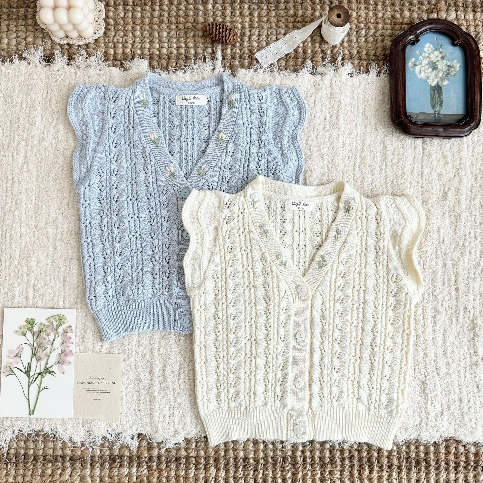 Fall Winter 2026 New Girls French Hollow Knit Vest Korean Stylish Solid Light Blue Hand Embroidered Vest