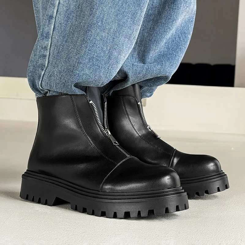 أحذية رجالية عصرية ذات نعل سميك من Punk Rock أحذية جلدية أصلية عصرية باللون الأسود أحذية كاوبوي للكاحل مصممة تشيلسي قصيرة بوتاس هومبر #1