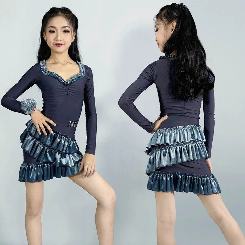 

Children Ballroom Dance Professional Costume Girls Long Sleeves Samba Chacha Latin Dance Clothing Stage Performance Wear