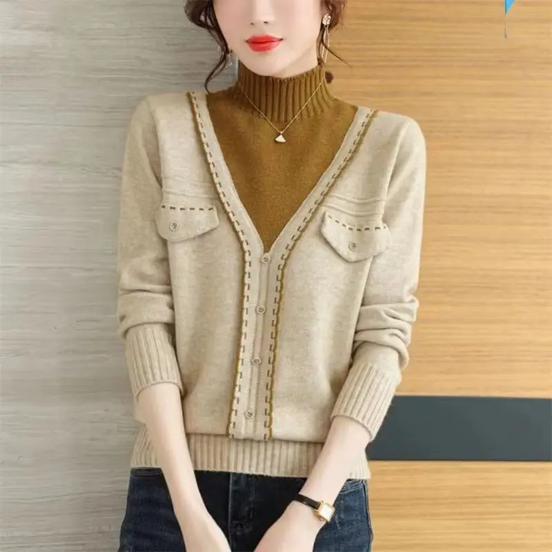 

Fashion Autumn Winter New Loose Fake Two Piece Women's Sweater Pullover Long Sleeve Knitwear Female Bottom Shirt Knitted