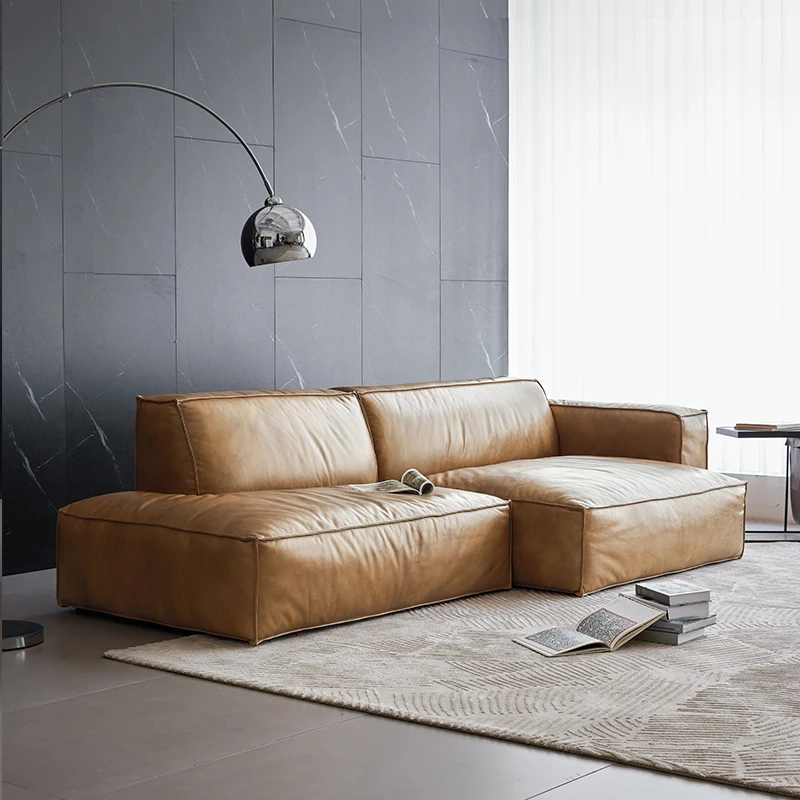 Light Luxury Nordic Leather Sofa Household Small Family Living Room Three Person Leather Sofa Italian Minimalist Style Tofu