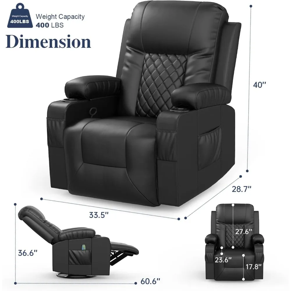 Balancín de masaje con salón ergonómico moderno con calefacción, asiento de sofá individual giratorio de 360 grados, sillones reclinables para sala de estar, color negro