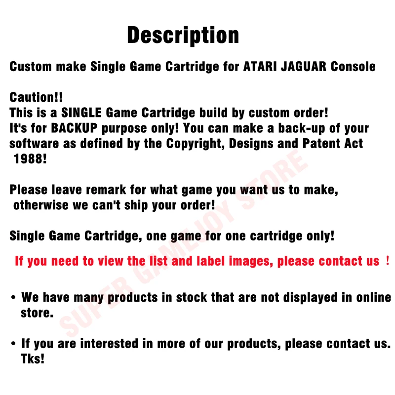 Custom make Single Game Cartridge for ATARI JAGUAR Console