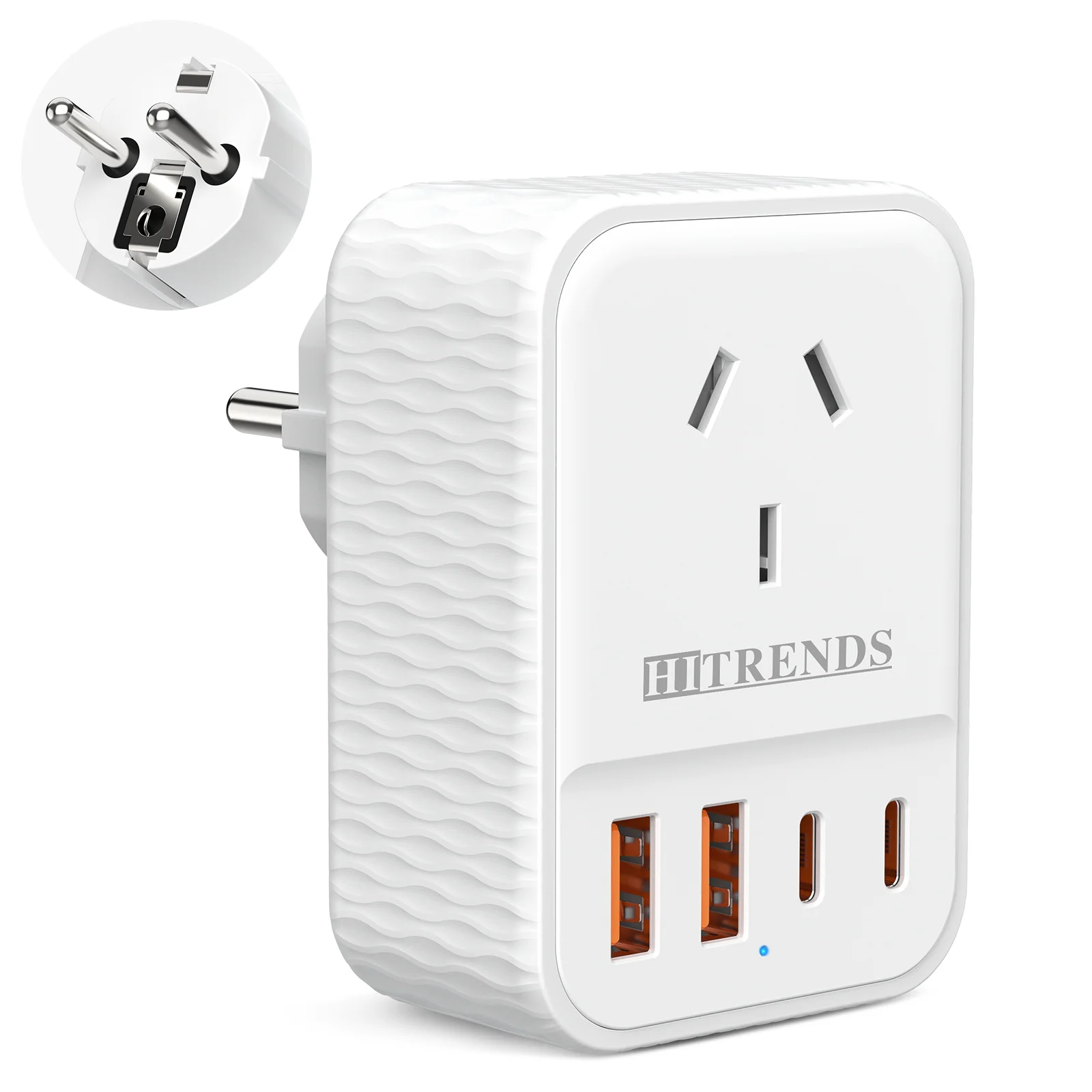 

Дорожный адаптер из Австралии в ЕС, вилка Autralia на европейскую дорожную вилку с 2 портами USB A и 2 портами типа C. Наземная розетка в Германию, Испанию.