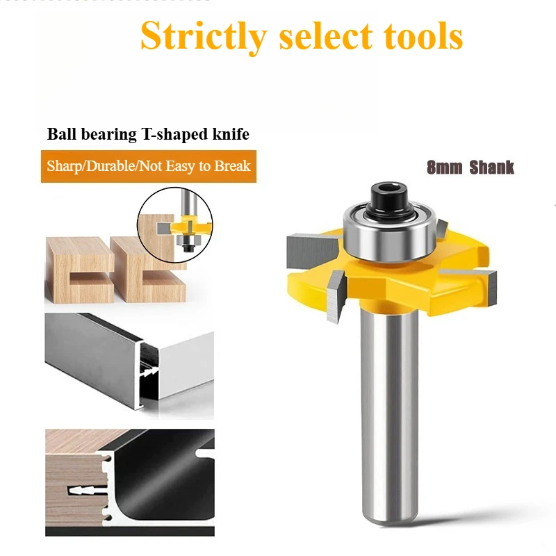 8 mm Shank Ball Bearing T Shape Router Bit 4 Flute Alloy Grooving Cutter Wood Trimmer Accessories