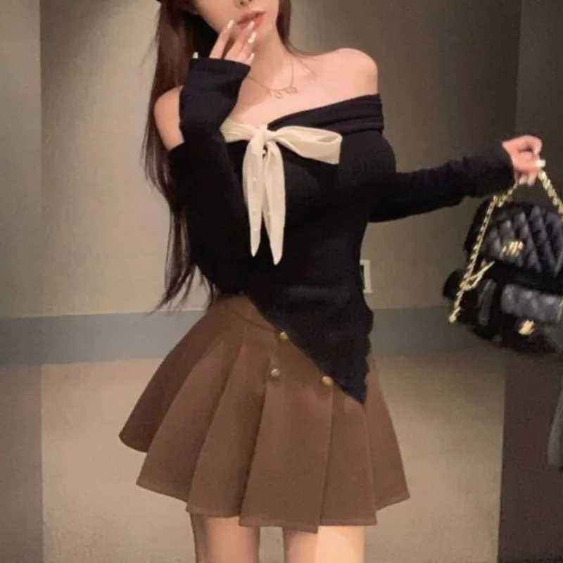 

Japanese Style Lolita Patchwork Color Contrast Bow One Neckline Off Shoulder Women's 2024 Summer Short Sleeved Knitted Tops