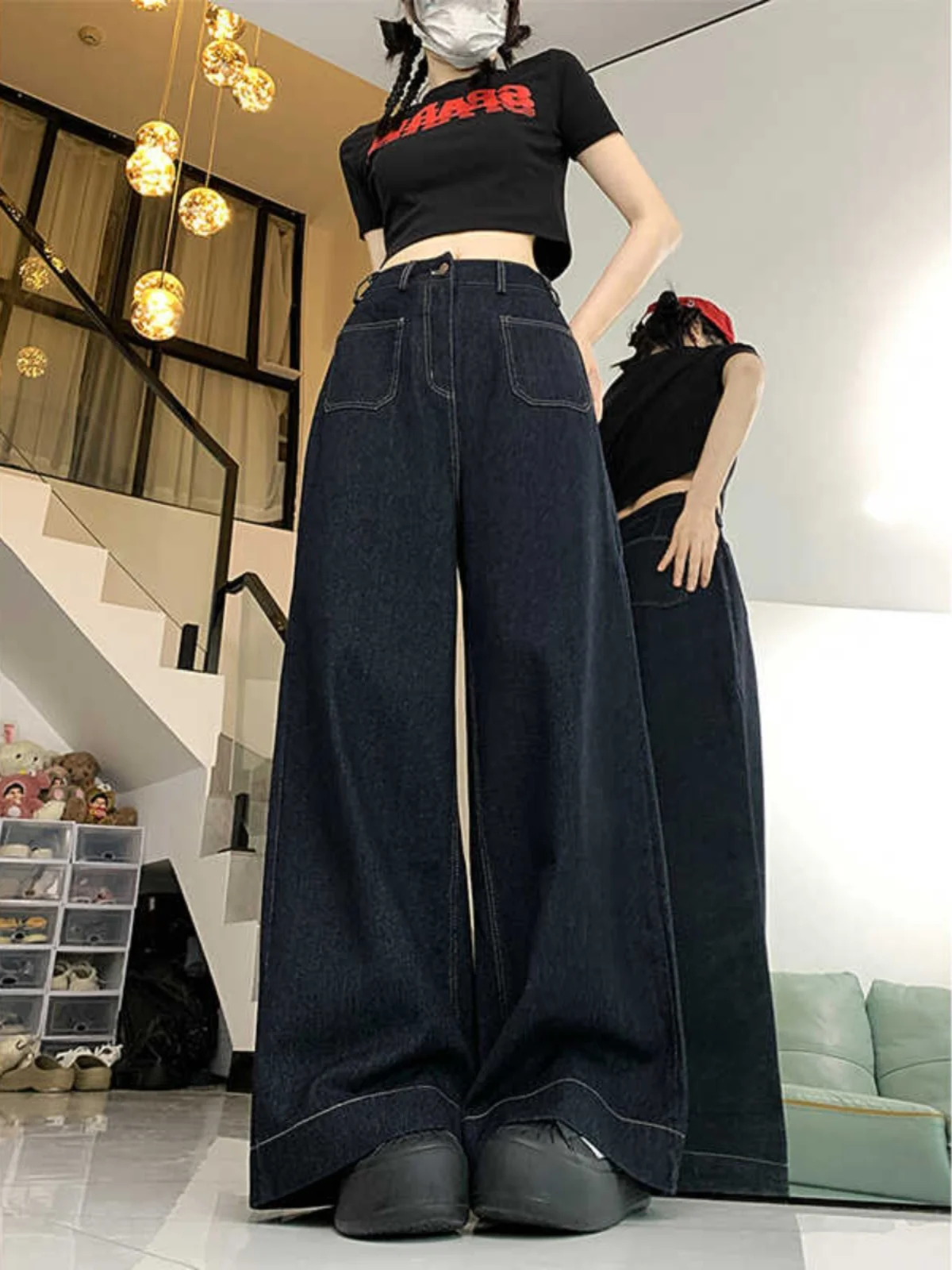 American Retro Wide Leg Denim Jeans Women's High Waist Loose Straight Floor-Length Pants Spring Autumn plus Size Slimming