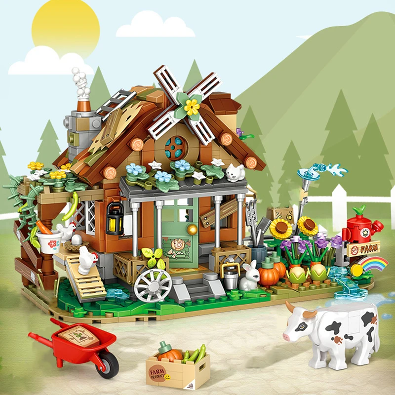 Country House Building Block Set DIY Farm Windmill Animal Model Small Particle Assembled Bricks Children\'s Toys Holiday Gifts