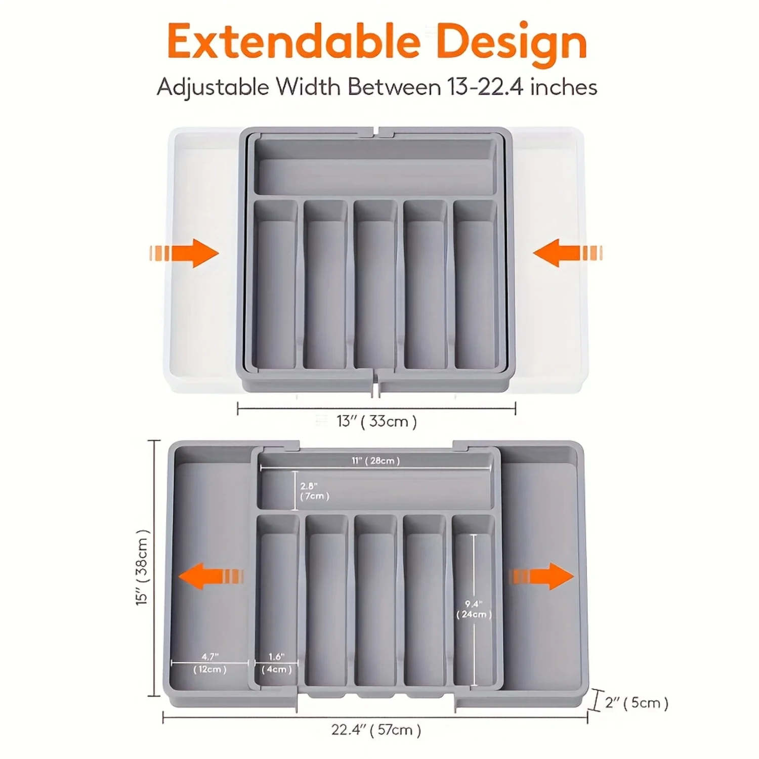 Adjustable Flatware Drawer Organizer Tray - Expandable Silverware Holder Insert - BPA-Free Plastic Utensil Caddy - Kitchen Cutle