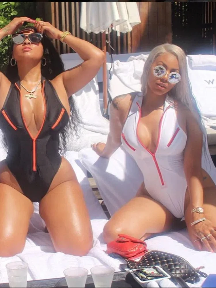 بدلة سباحة قطعة واحدة بسحاب أمامي للعطلات الصيفية لعام 2025 بدلة سباحة مثيرة بفتحة رقبة على شكل V عميقة للتحكم في البطن مونوكيني بدلة استحمام نسائية لقضاء عطلة الشاطئ