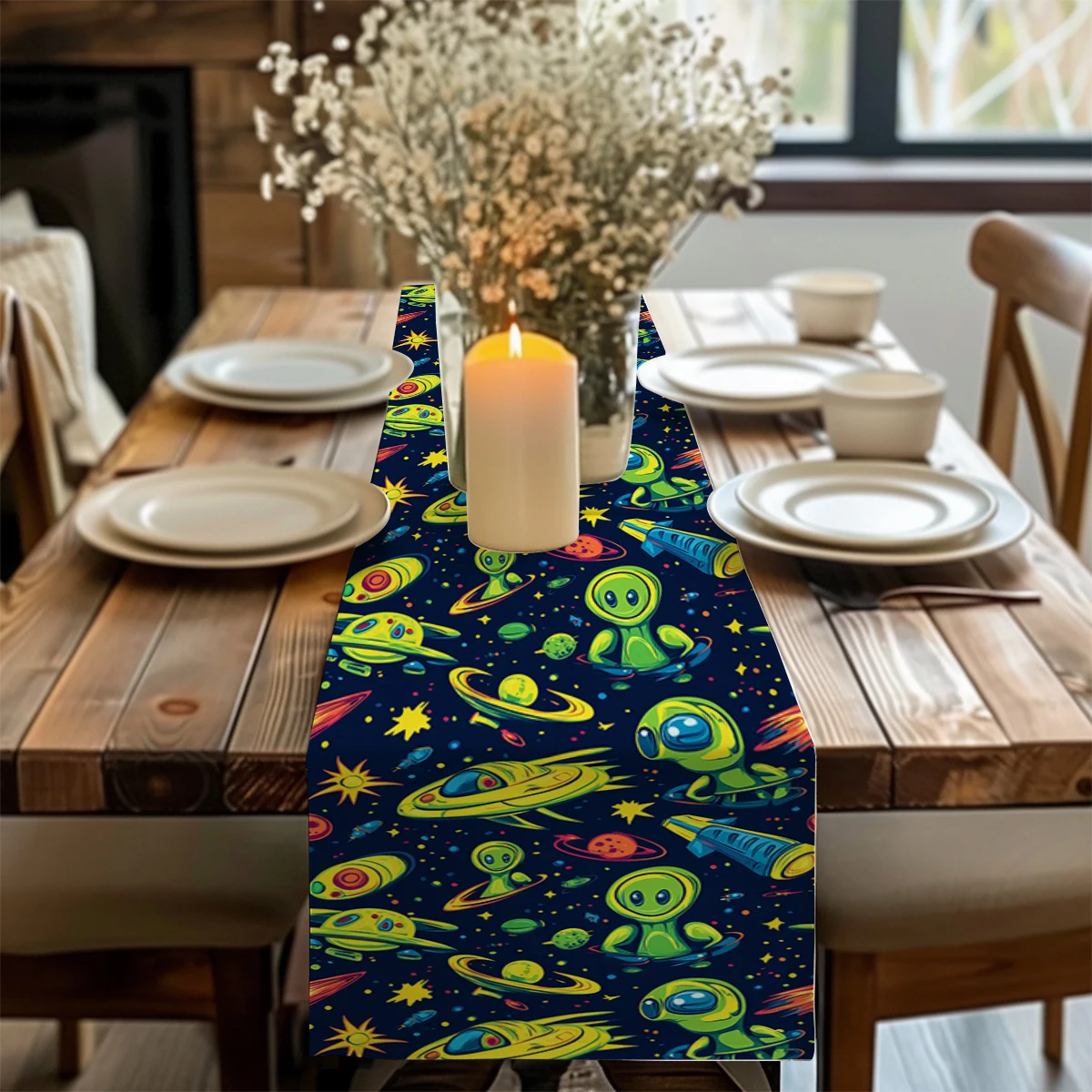 Space Alien Astronaut Planet Table Runners Dresser Decor for Kitchen Holiday Party Table Runner Washable Dining Long Cloth