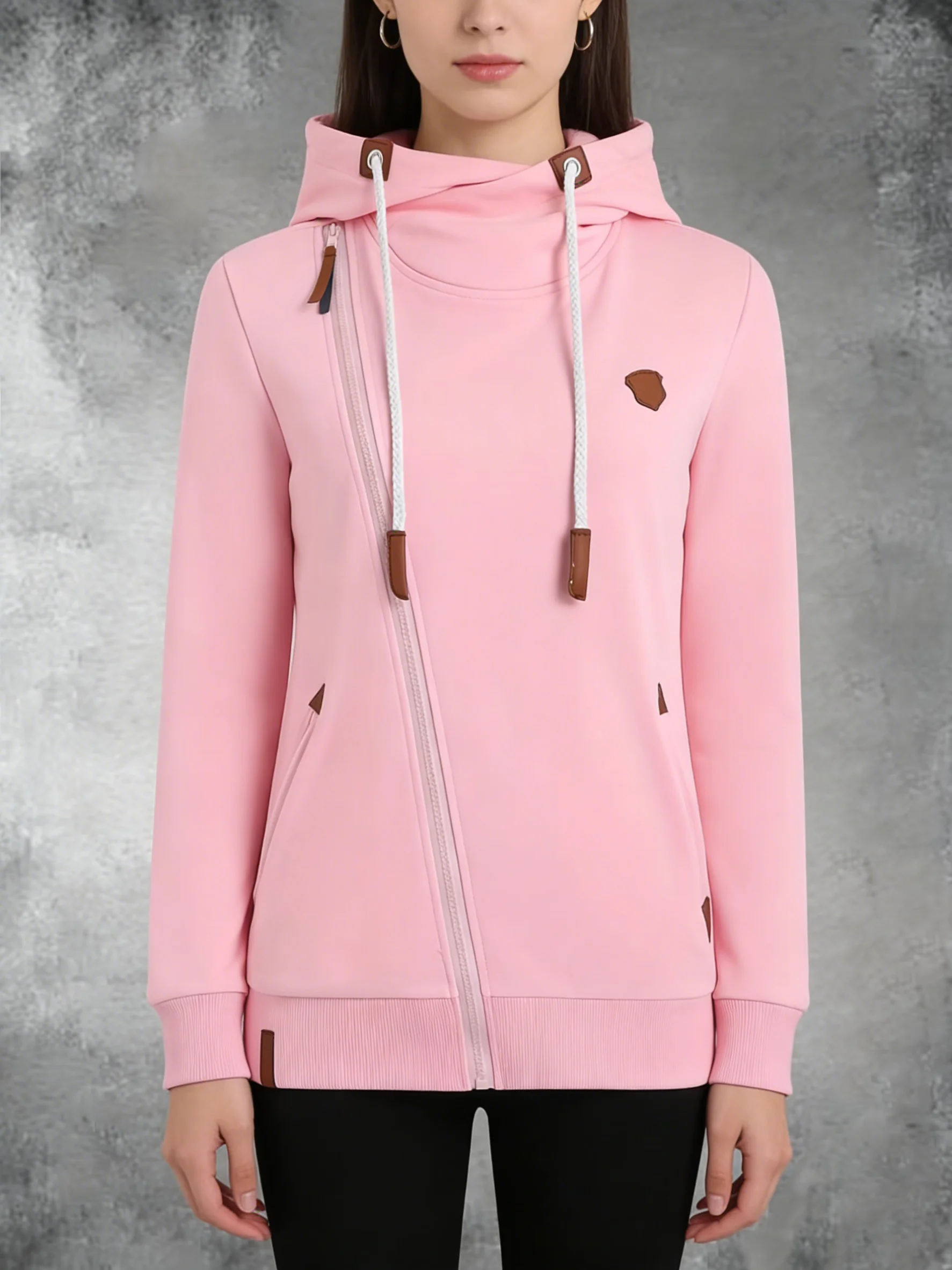 

Ladies Casual Hoodie Jacket Zipper Mixed Color Autumn Winter European American Fashion Sweatshirt Coat for Women