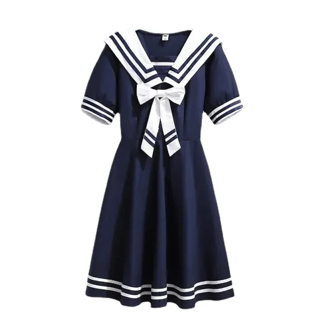 2024 Japan Summer New retro Girls long Dress Cotton bow Sailor Collar Teens striped JK Dress Patchwork Clothes Toddler 12 year